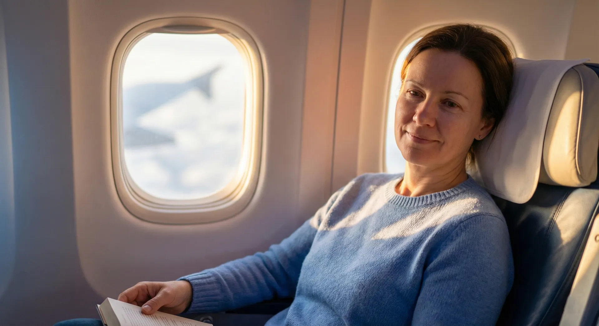 Pasajera relajada disfrutando su vuelo
